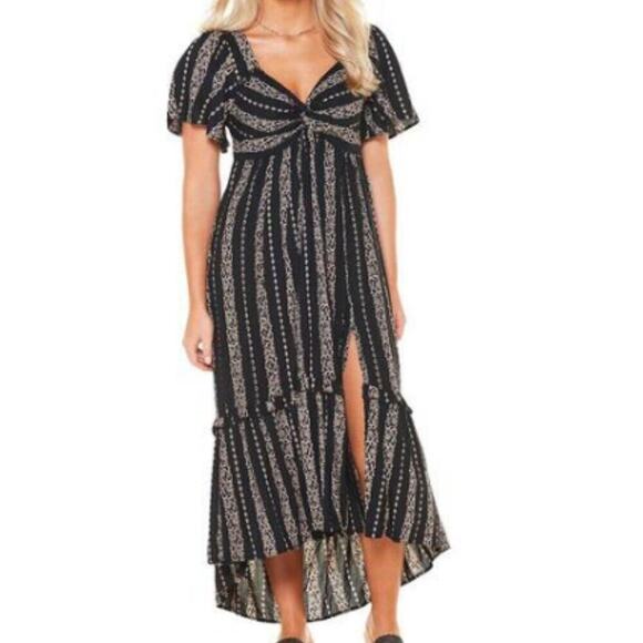 New Angie Floral Black High Low Cut Out Twist Smocked Maxi Dress - Picture 1 of 7